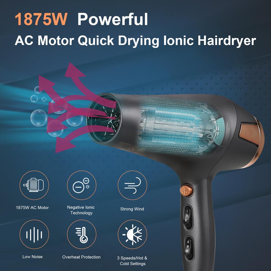 Pretfy Asciugacapelli per la cura dei capelli Asciugacapelli ionico negativo 2500 W 2 velocità 3 impostazioni di calore Asciugatura rapida