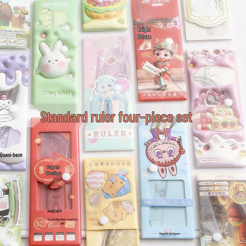 Cute Cartoon Student Ruler Set: Transparent 20cm Straight Ruler, Triangle Ruler, Protractor - 4 Pieces