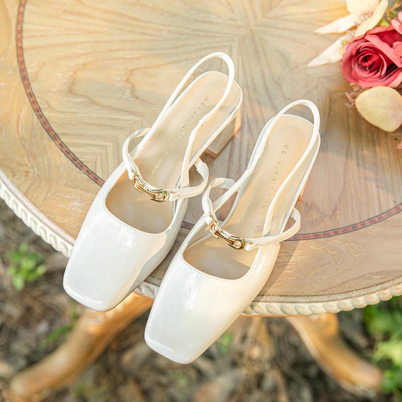 Thick Heel Square Head Single Shoes Women's High Heel Medium Heel Sheepskin Back Strap Mary Jane Shoes with Sandals