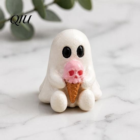 Portable Halloween Ghost Figurines Mini Decorative Figurine, 3D Printed White Statue with Cute Resin Ornaments Pink Skull Ice Cream, Desktop Ornament