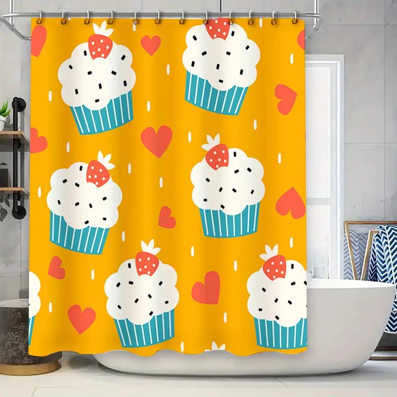 

Cute Cupcake Shower Curtain Bathroom Decor With Strawberry Pattern For Kids Room Yellow Color (180X240Cm) W60H190(CM)-1 Pcs