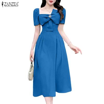 Elegant Women Square Collar Summer Casual Short Sleeve Dress