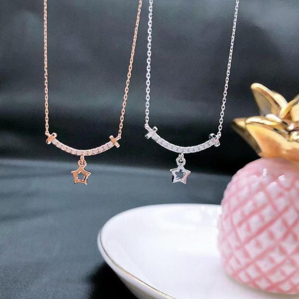 Curved Smile Bar Full Paved Cubic Zirconia Hollow Star Pendant Minimalist Two Tone Women Clavicle Necklace