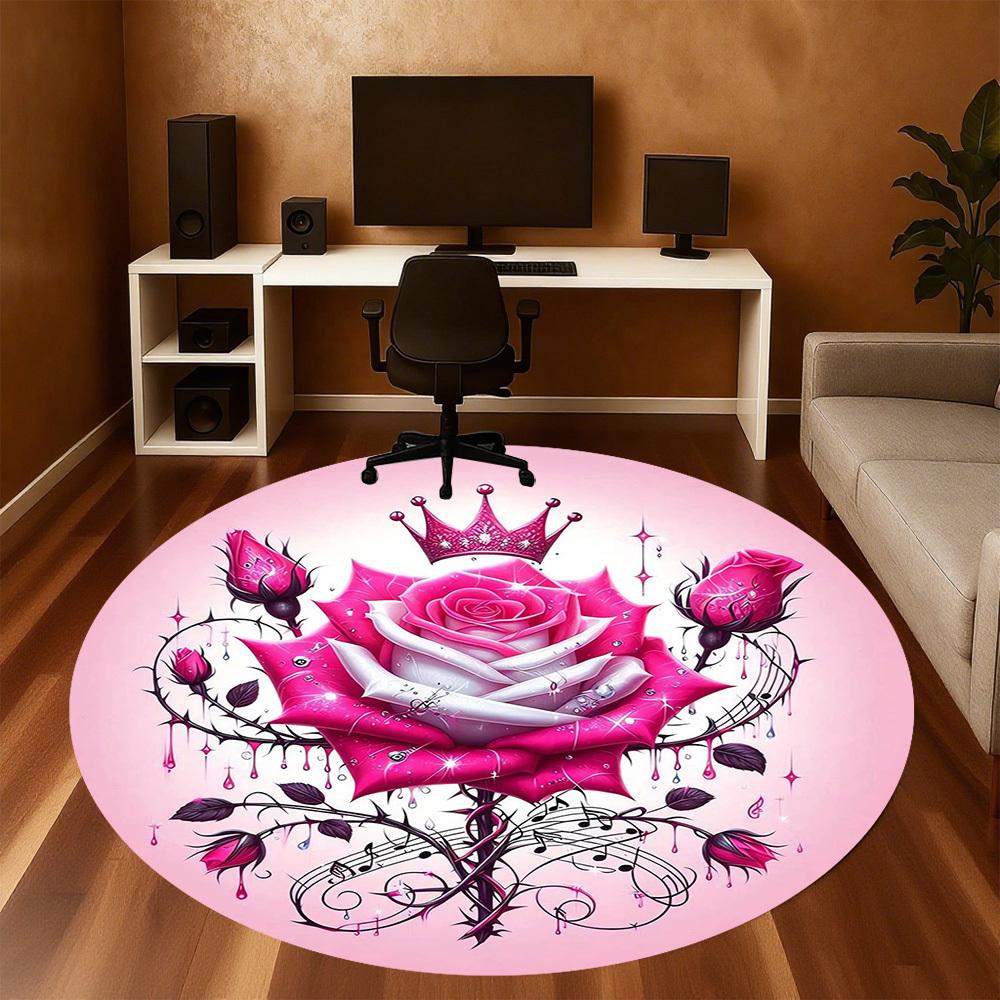 1pc Rose Crown Round Chair Mat Area Rug - Non-Slip, Floor Mat for Office, Bedroom, and Indoor Decor -1002185