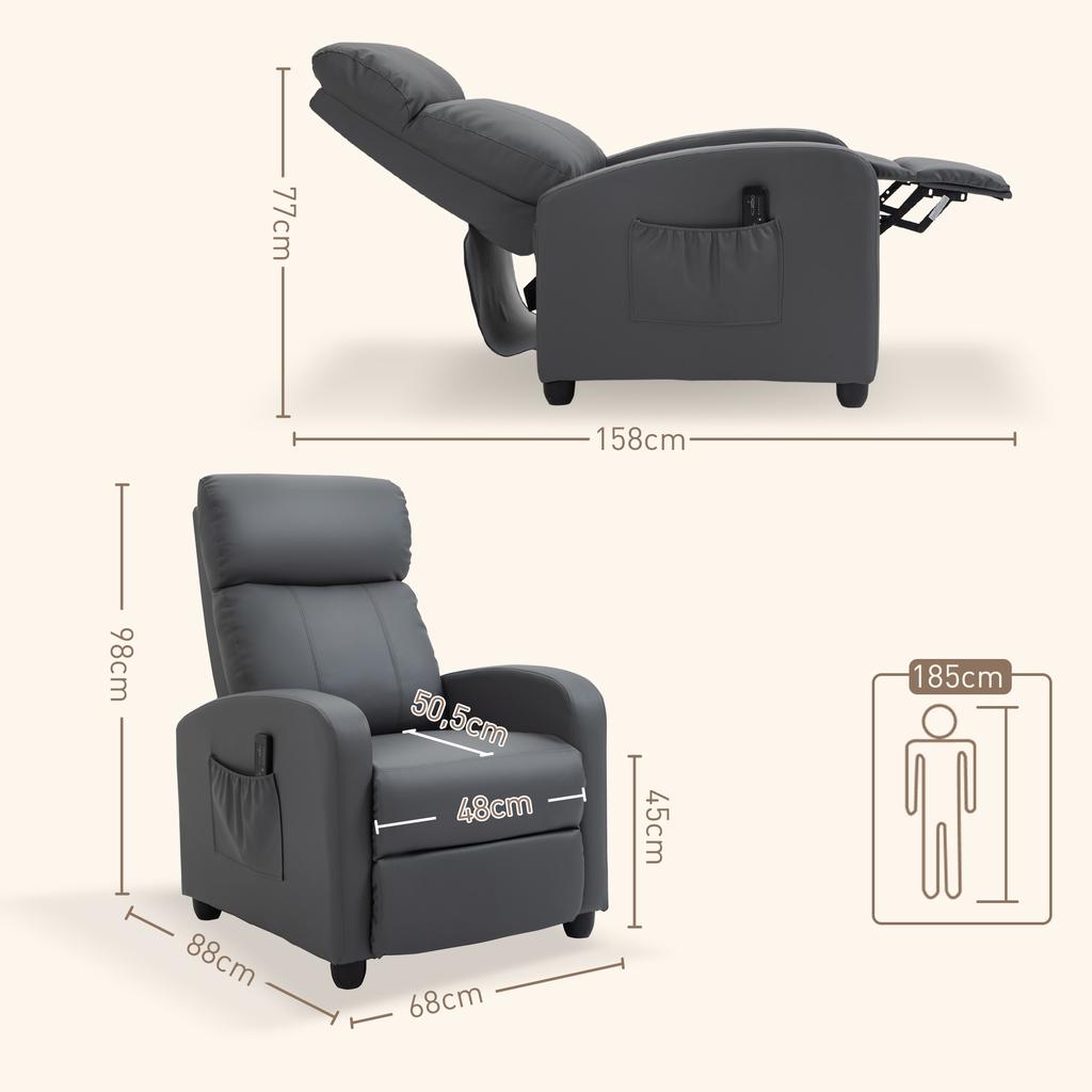 Relax Chair TV Chair with Vibration Massage, Reclining Function, 2 Massage Points, Remote Control, 68 X 88 X 98 Cm Grey