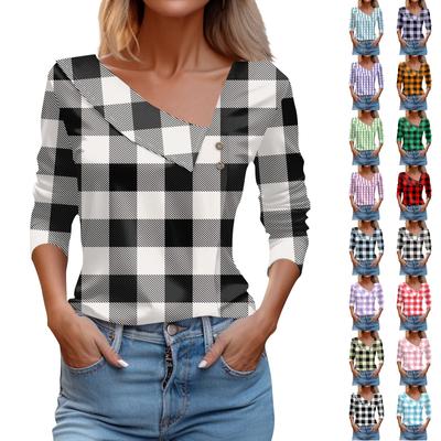 Women Tops  Long Sleeve V Neck Loose Shirts Plaid Print Asymmetric Button Blouses Business Casual Tunic