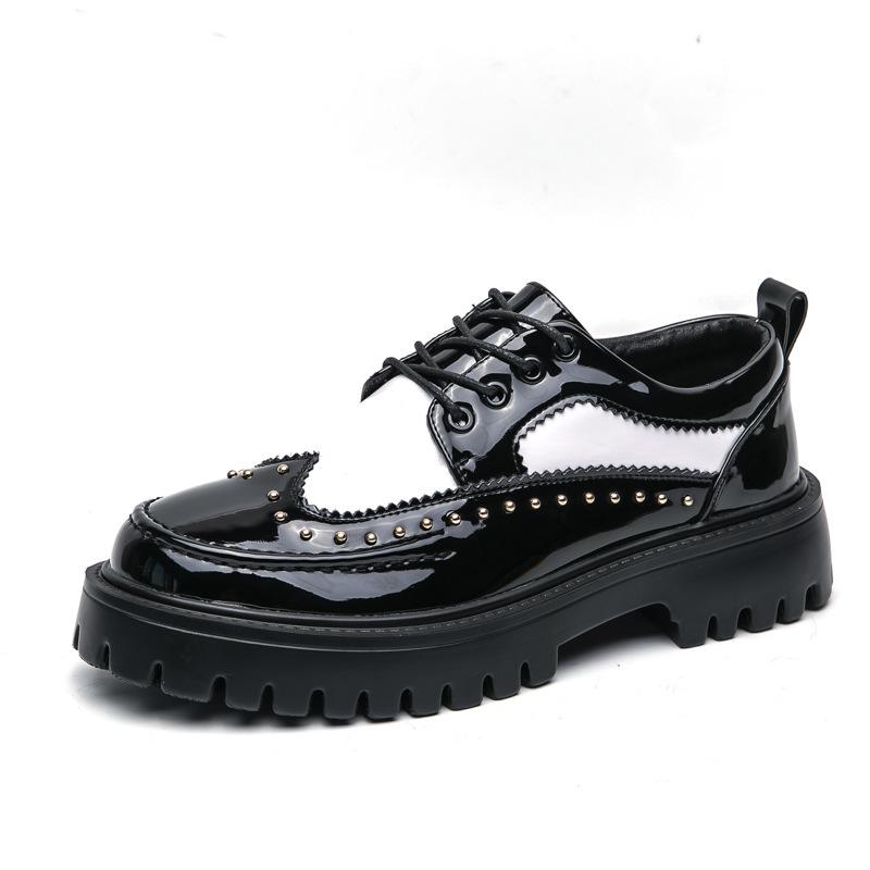 2025 Large Size Dress Casual Shoes Rivets Personalized Hairdresser Leather Shoes Platform Height Increase Black and White Fashion Men's Shoes