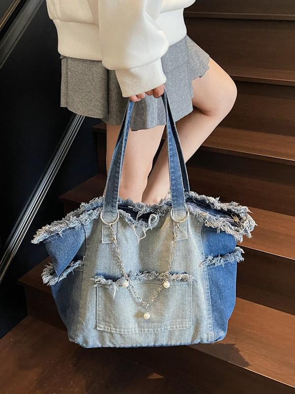 Gradient Large-Capacity Denim Tote Bag - Versatile Commuter Shoulder Bag