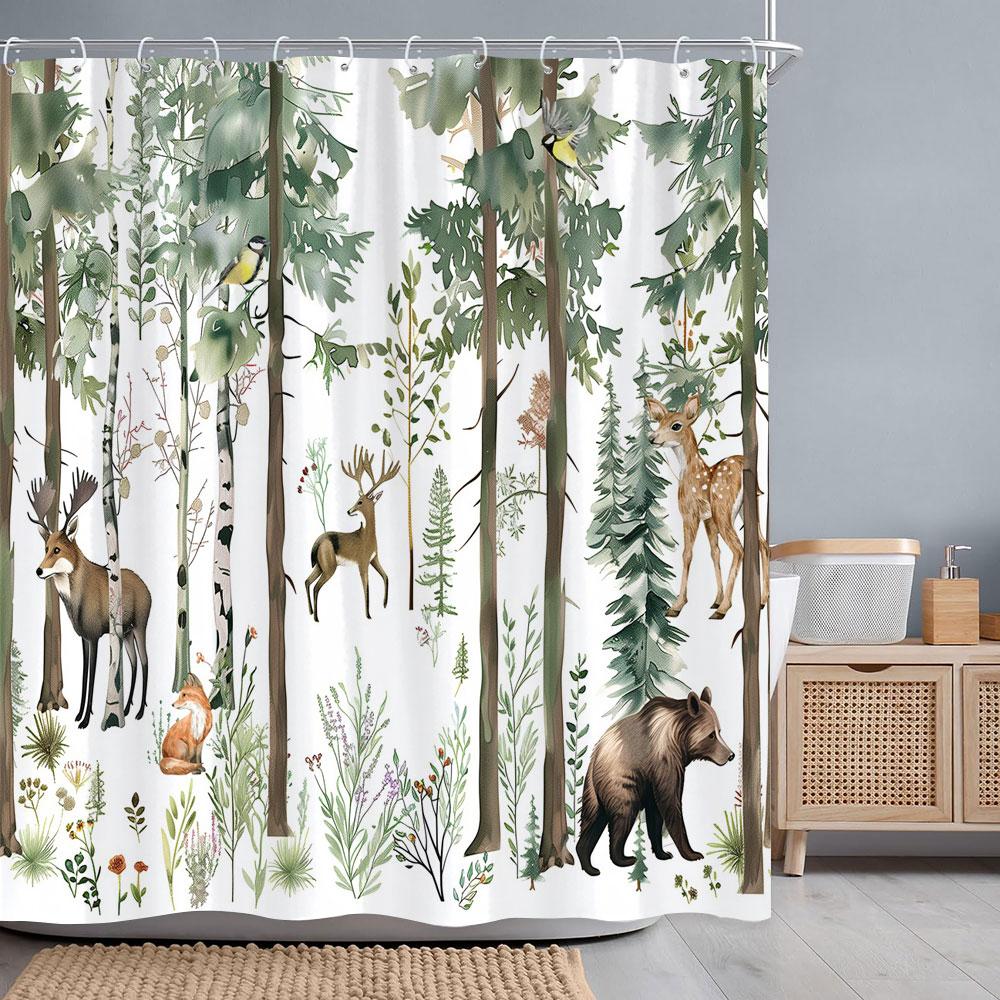 Forest Animals Watercolour Shower Curtain Deer Bear Fox Squirrel Flower Polyester Fabric Bath Curtains Bathroom Decor With Hooks