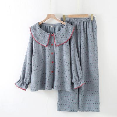 Pyjama Coréen d'Automne pour Femmes Mignon Doux Col Mulet Imprimé Pois Coton Manches Longues Pantalon Long Vêtements de Maison Confortables