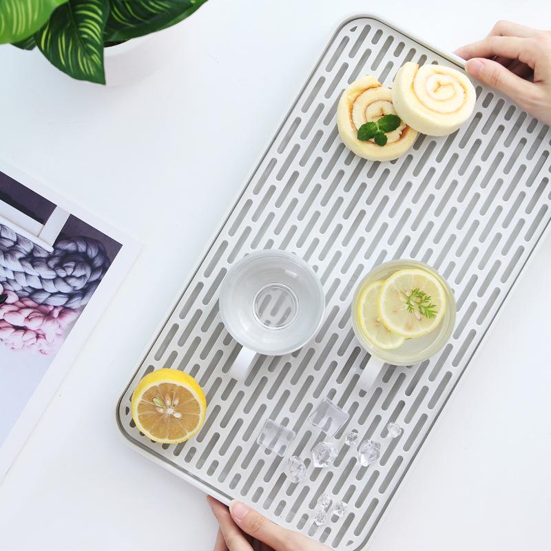 Solid Color Double Layer Japanese Kitchen Tray: Rectangular Storage Rack for Cups, Fruits, Vegetables, and Tea.
