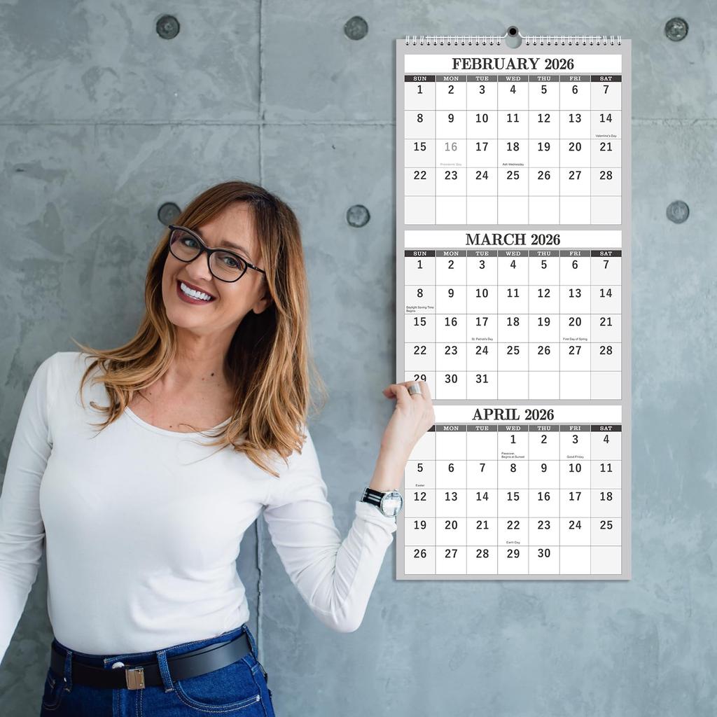 2026 Wall Calendar - 3 Month Calendar Vertical Display, 3-Month Wall Calendar 2026, Jan. 2026 - Dec. 2026, 11" X 26", Large Monthly Calendar, Lay-