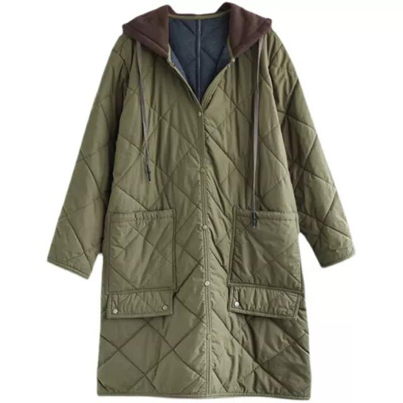 Damkoreanska Vinter Tjocka Långa Parkas Casual Bomullsvadderade Enkelknäppta Parkas Jackor Baggy Ultralätt Huva Stor Ficka Bomullsjacka