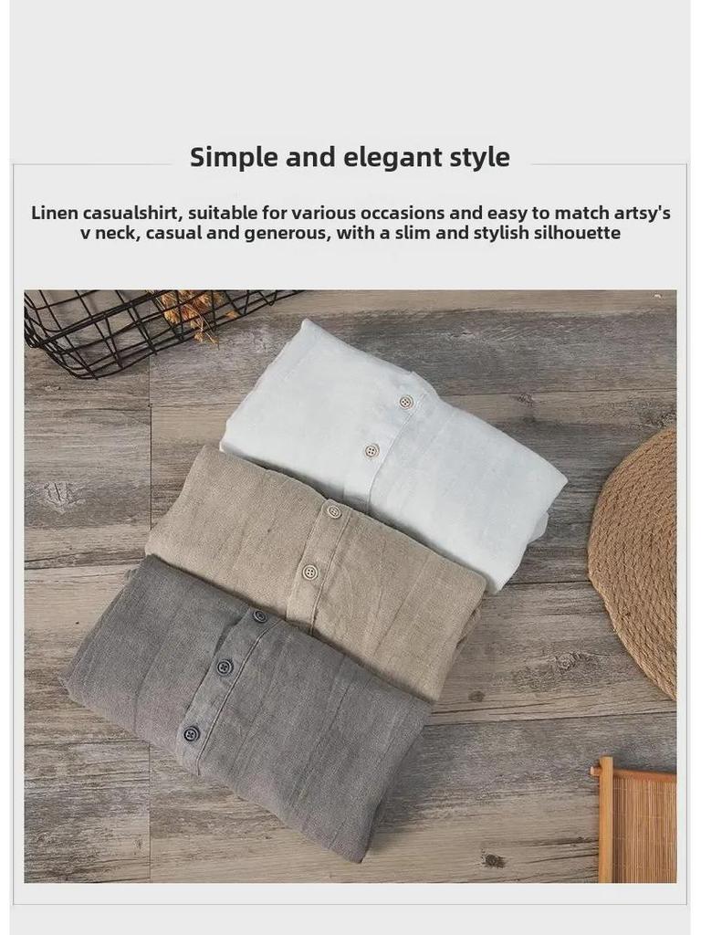 L888 Herren Retro Leinen T-Shirt mit V-Ausschnitt - Lässiges einfarbiges Kurzarm-Oberteil