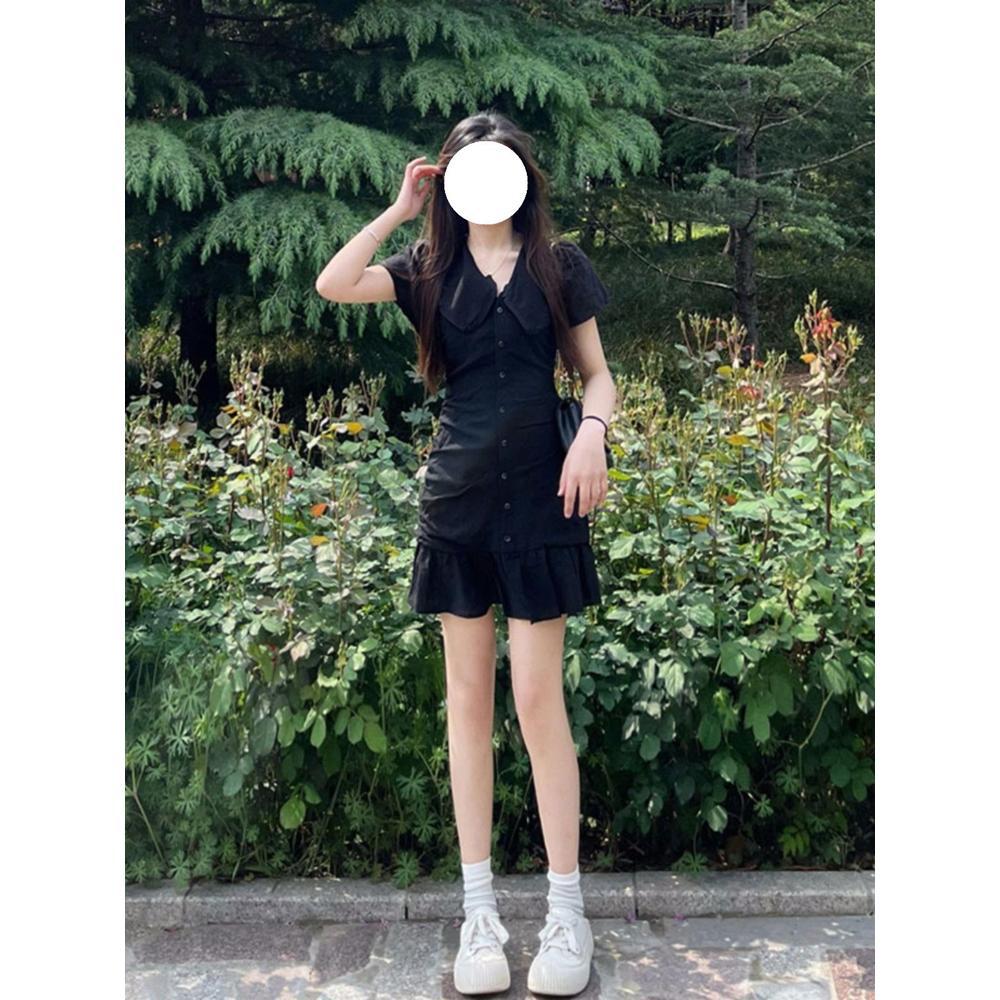 Fashion Ruffle Edge Bubble Sleeve Dress Women's Summer New French Temperament Short Skirt Black Fishtail Short Skirt Trendy