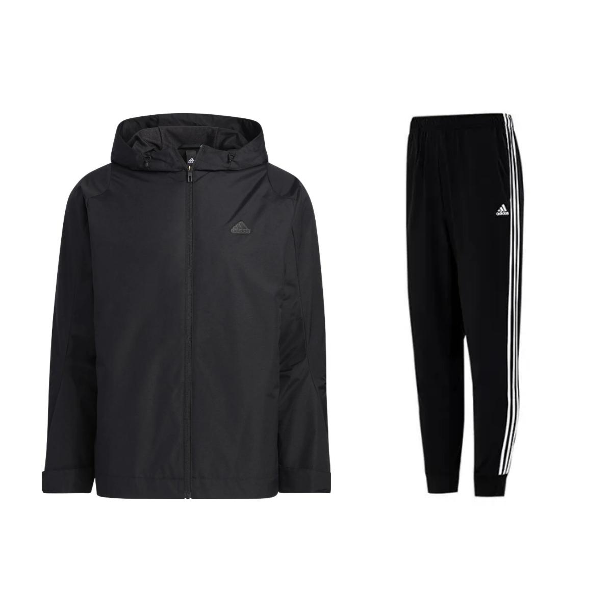 

Adidas Solid Color Brand Logo Zip-Up Hooded Jacket Vintage Stripe Splicing Cuffed Sweatpants Casual Sports Suit Men Sportswear Black HY5831+H46105 S