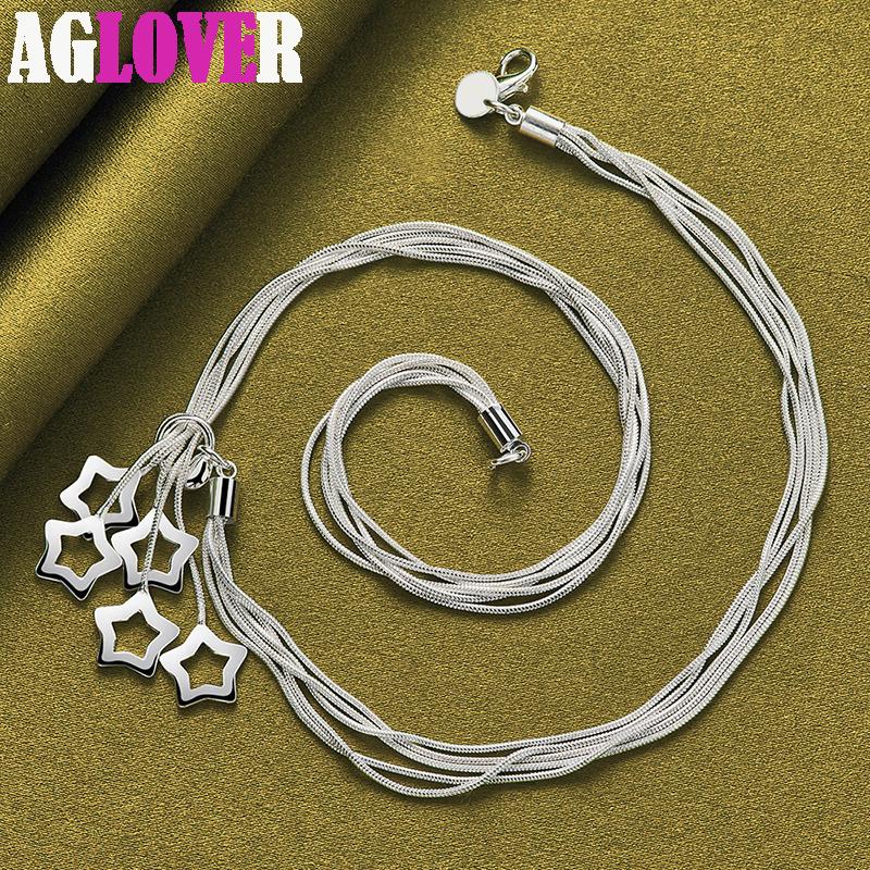 925 Sterling Silver Five Star Pendant Necklace 18 Inch Snake Chain Jewelry
