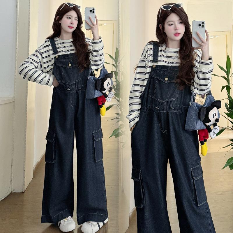 Available Now: Spring 2026 Maternity Denim Overalls and Striped T-shirt Set - Korean Style, Loose Fit. XL