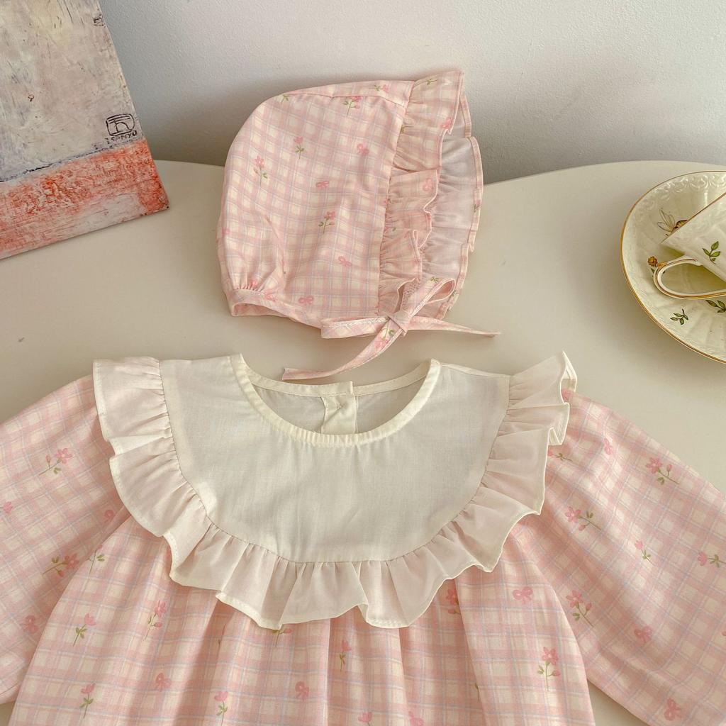 Sweet Checkered Baby Girl Romper with Hat for Crawling and First 100 Days