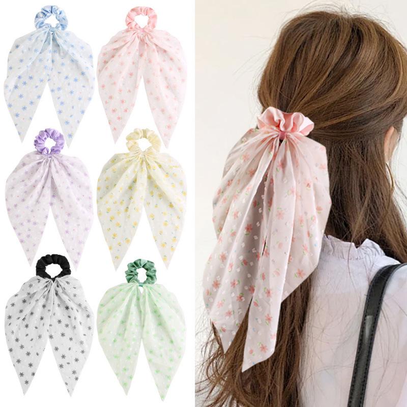 Versatile Floral Ribbon Bow Hair Tie - Korean Style Hair Accessory with Small Flowers for Women's Ponytails