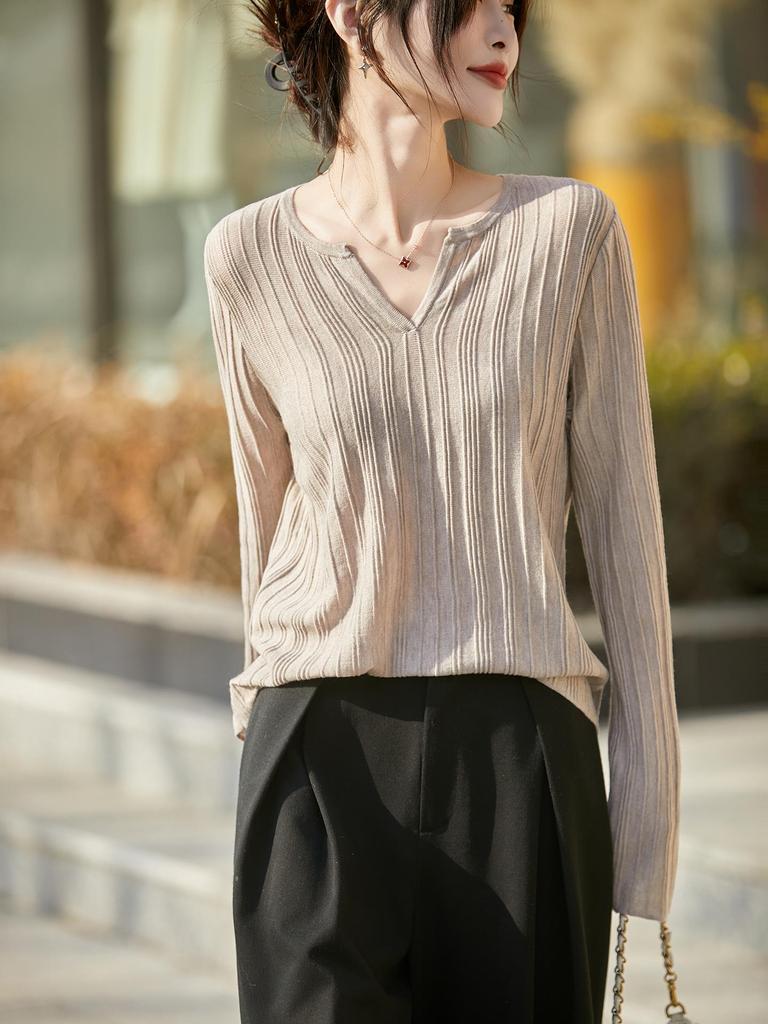 2026 Spring & Autumn Women's V-neck Wool Knit Pullover - Long Sleeve Ribbed Solid Color Top