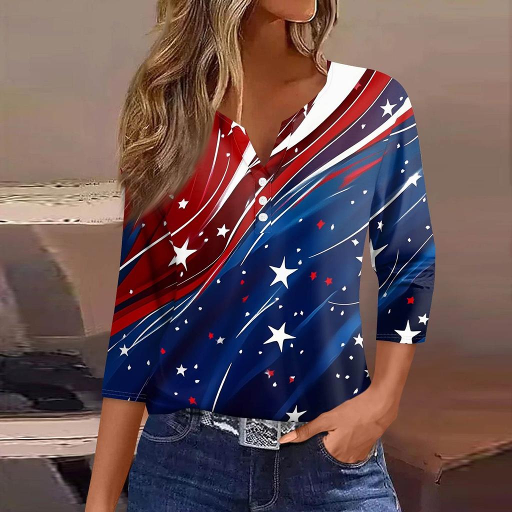 Women's Fashion Button V Neck Seven Sleeve Independence Day Printed Top