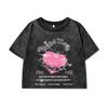 Women Cotton Crop Washed T-Shirts Street Life Women'S Heart Slogan Prints Tops Oversize O-Neck Distressed Clothes