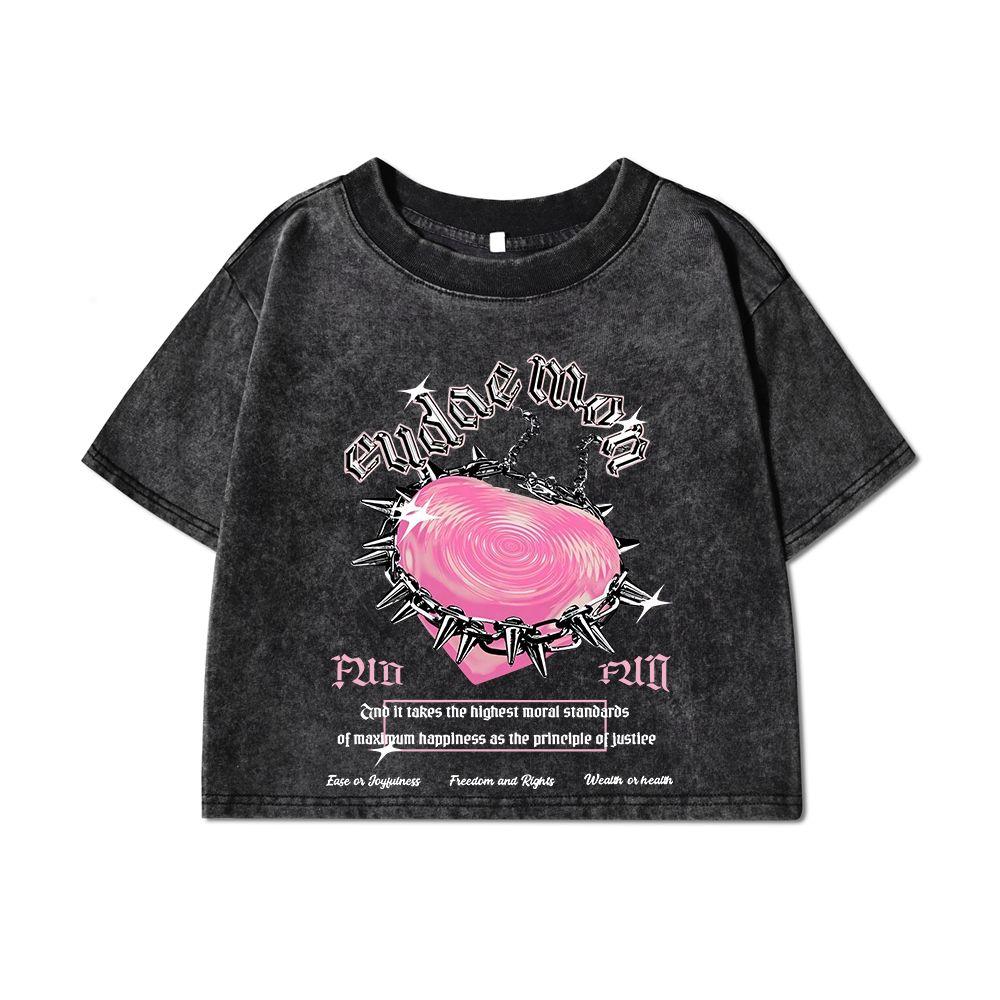 Women Cotton Crop Washed T-Shirts Street Life Women'S Heart Slogan Prints Tops Oversize O-Neck Distressed Clothes