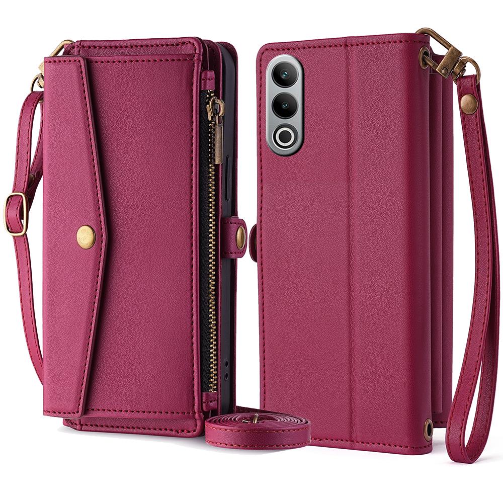 For OnePlus Nord CE4 5G Case Zipper Wallet Stand Leather Phone Cover with Adjustable Lanyard