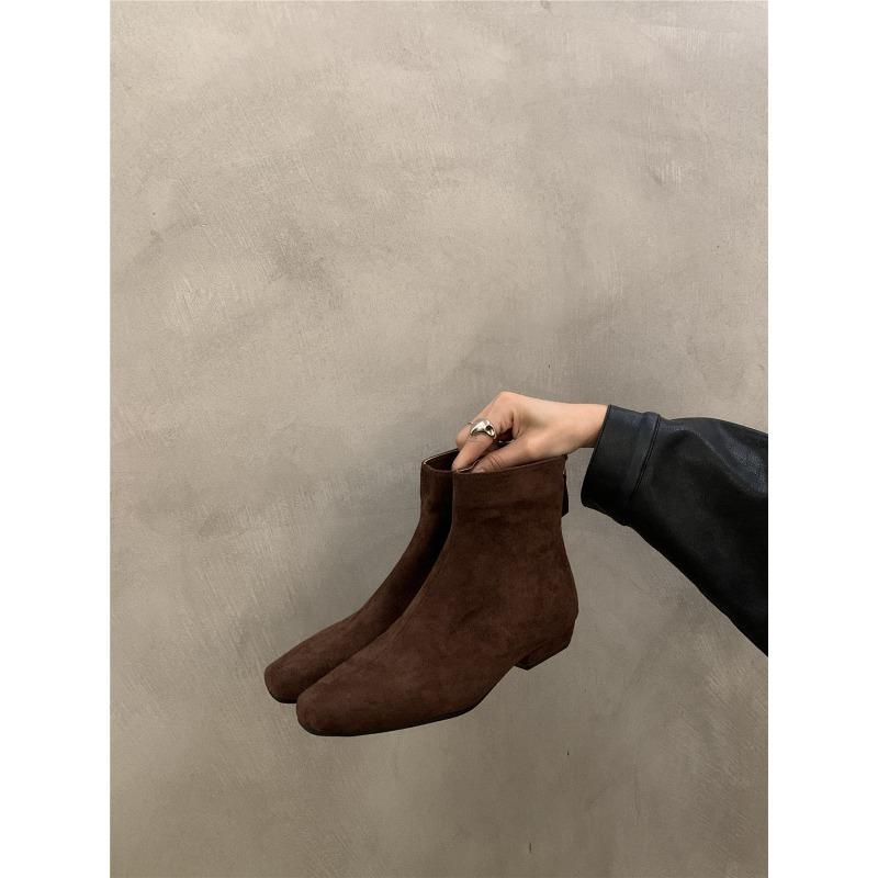 Sheepskin Version~ Thick Heel Thin Boots Women's Shoes New Velvet Bare Boots Retro Suede Small Short Boots