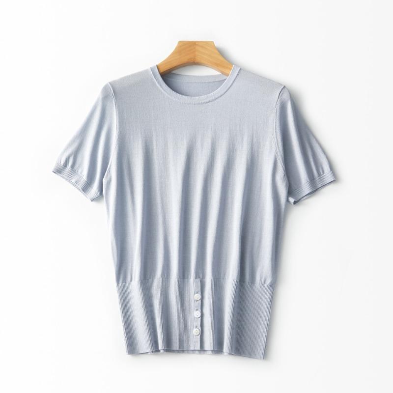 

Simple design split-ended round neck short-sleeved shirt women s summer new casual inner slim-fitting knitted sweater L светло-синий