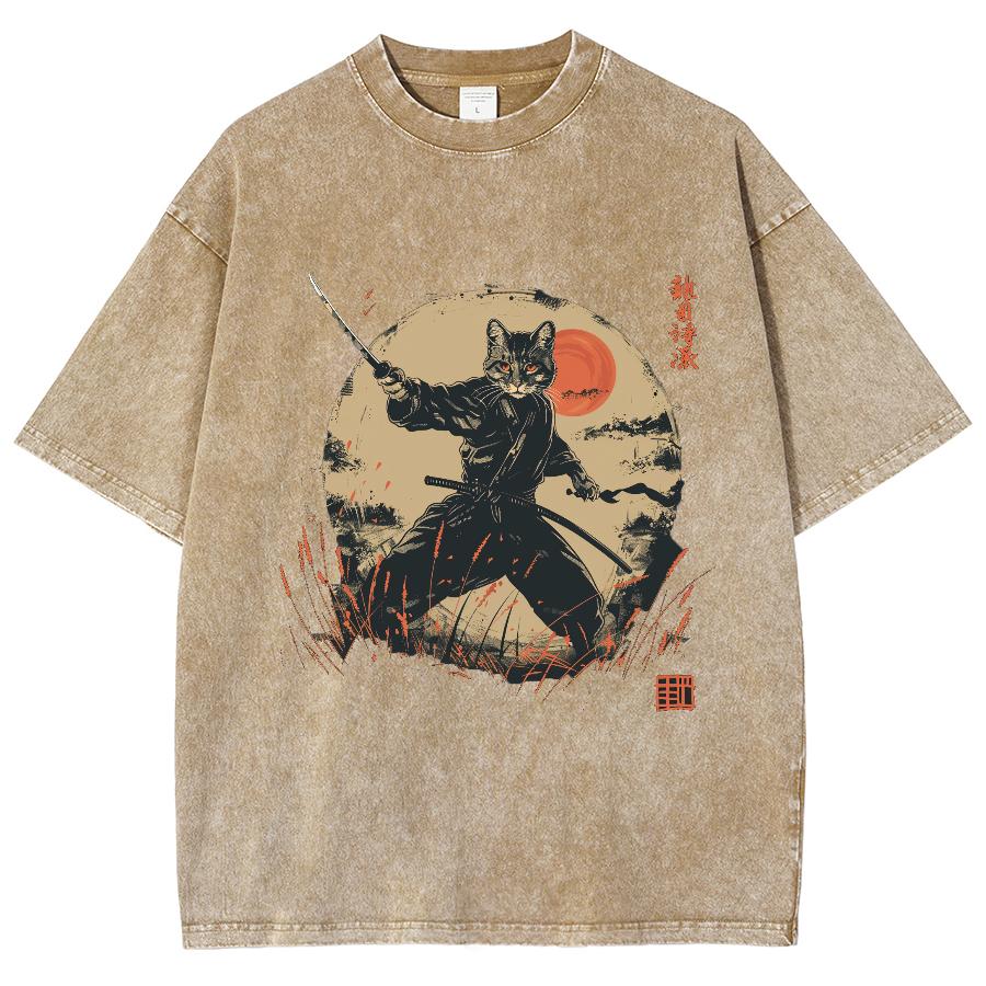 

Японская женская футболка, летняя, с коротким рукавом, стираная джинсовая ткань, эластичный топ с принтом самурая и кота, мужская ретро-одежда 2XL