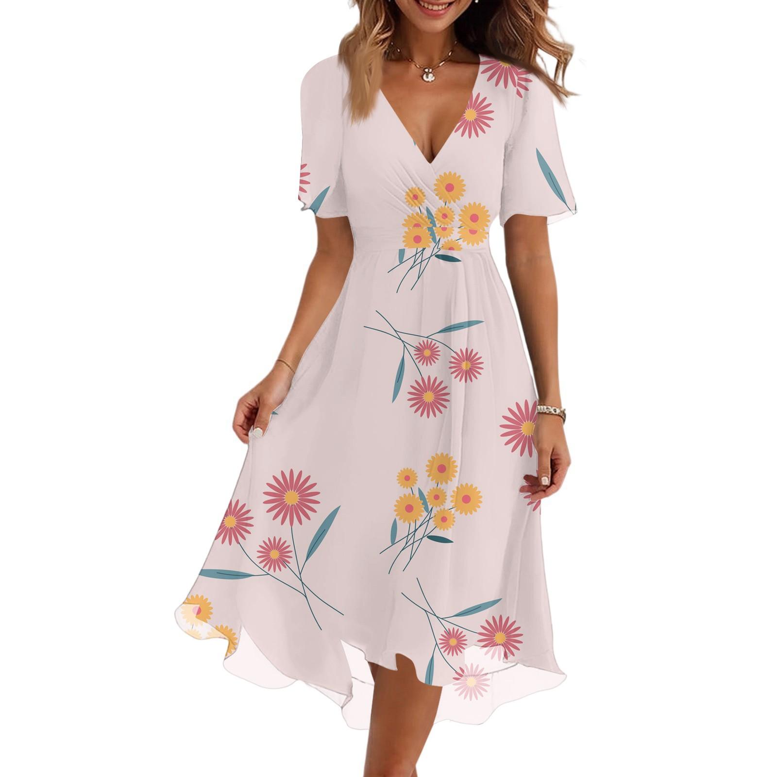 

Жіноча модна повсякденна сукня з V-подібним вирізом, коротким рукавом та квітковим принтом XL