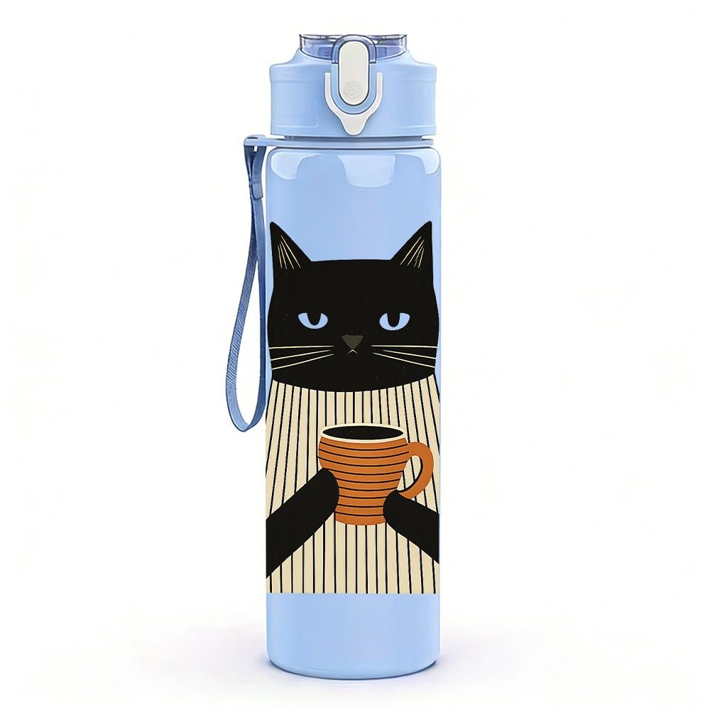 1PC Black Cat Coffee Cup 750ml Color Plastic Sports Water Bottle Leakproof Flip Straw Lid Suitable for Sports Office Home Use