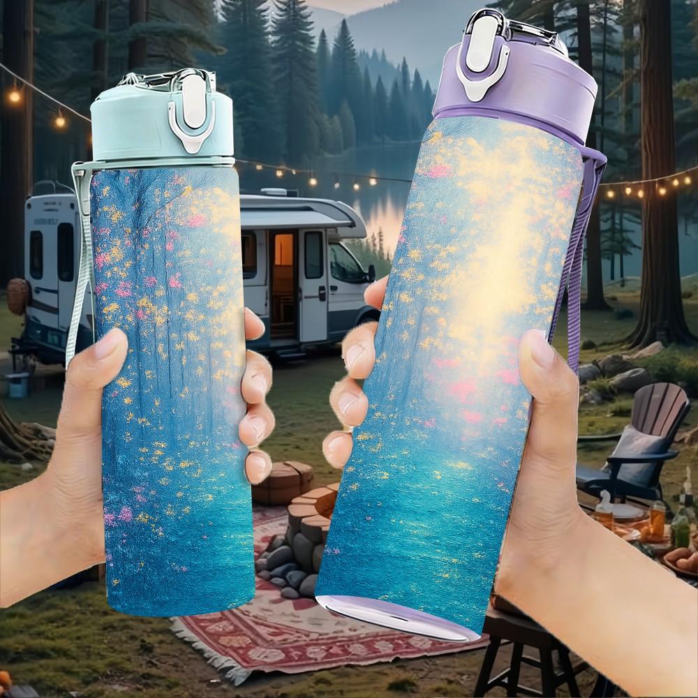 1PC Magical Misty Blue Forest Scenery Print 750ml Color Plastic Sports Water Bottle Leakproof Flip Straw Lid Suitable for Sports Office Home Use