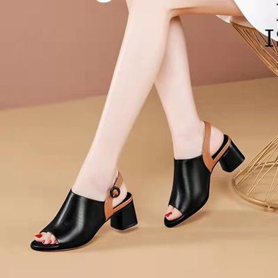 Fish Mouth Colored Back Hollow Button Strap Women's Sandals 2024 New Versatile Outwear Middle Heel Thick Heel Women's Shoes