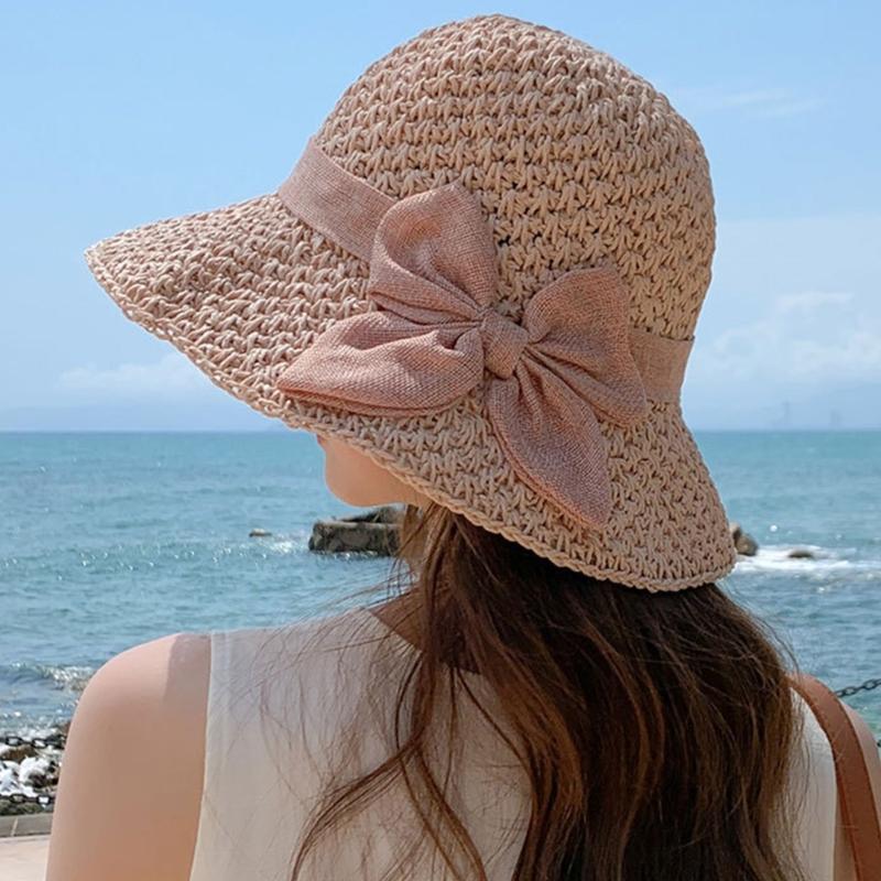 Elegant Bows Straw Hat for Women Breathable Summer Beach Hat Sun Protections Wide Brims Fisherman Cap