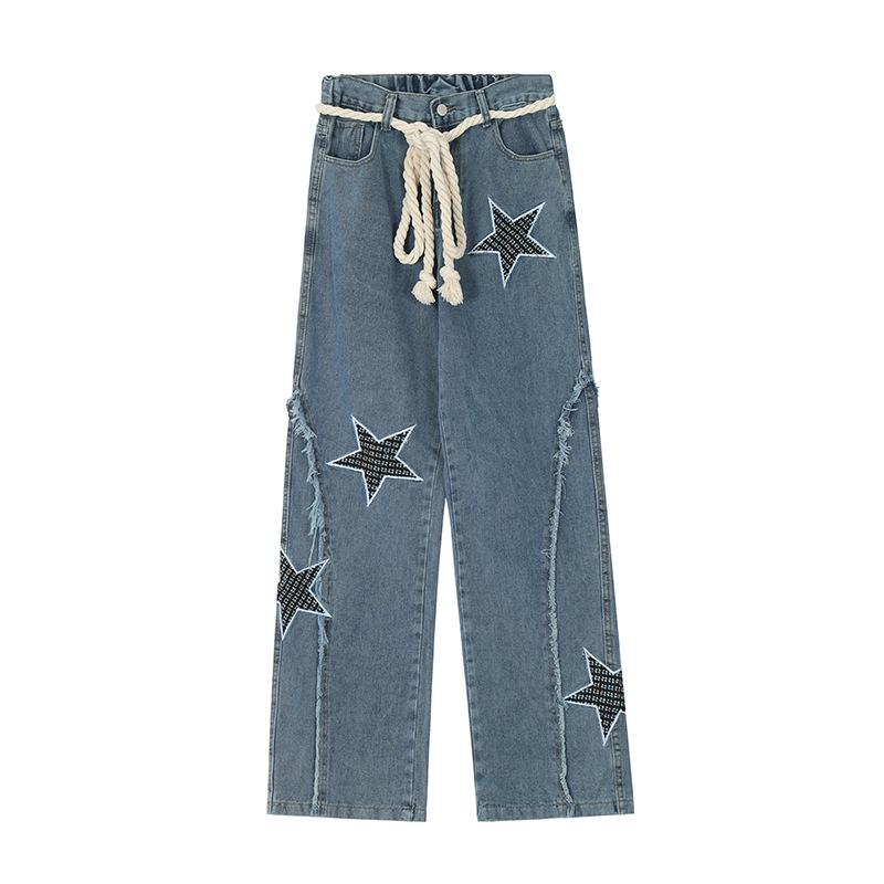 

2023 Trendy Star Embroidered Distressed Denim Straight-Leg Jeans for Men & Women M темно-синий