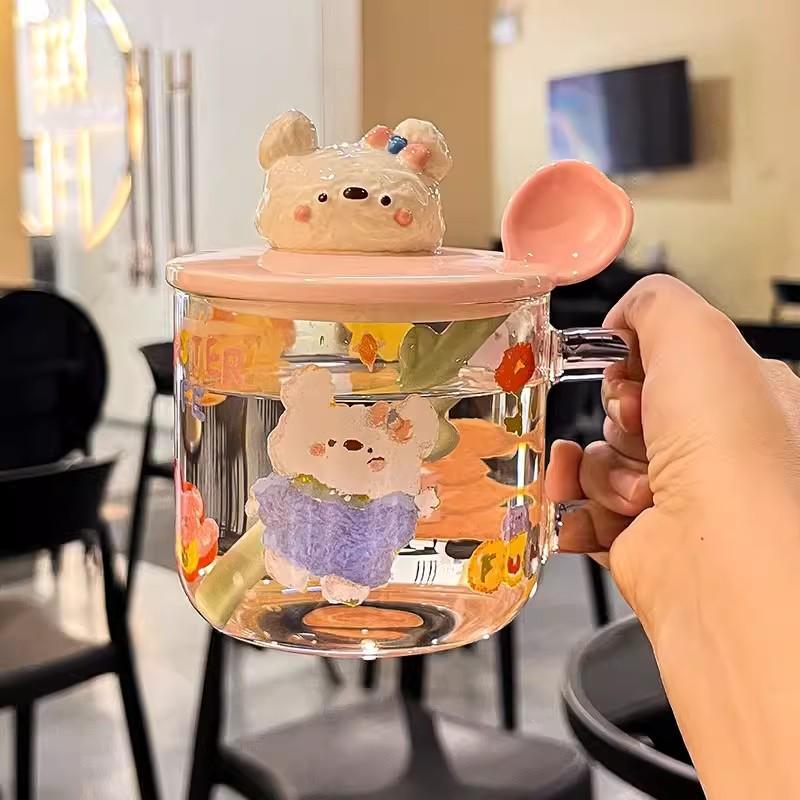 

Дом Милая керамическая чашка с крышкой для девочек Чашка с высоким внешним видом Кофейная чашка Кружка Офисная чашка для воды Подарок 401-500ml