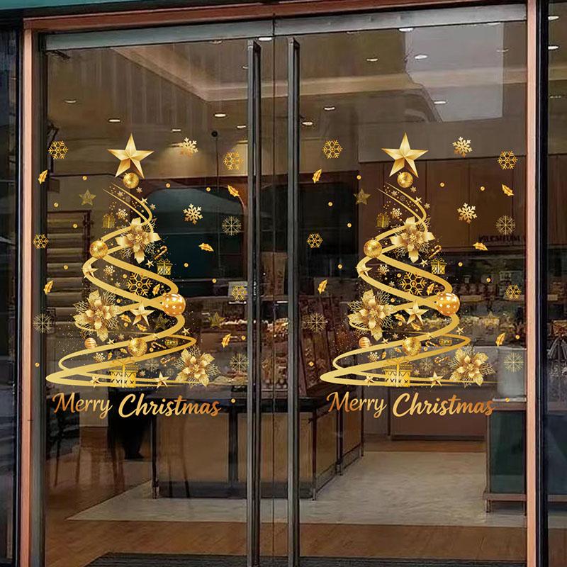 Christmas Sticker Gold PVC Double-sided Printed Static Window Sticker Christmas Decorations Atmosphere Glass Sticker New Year