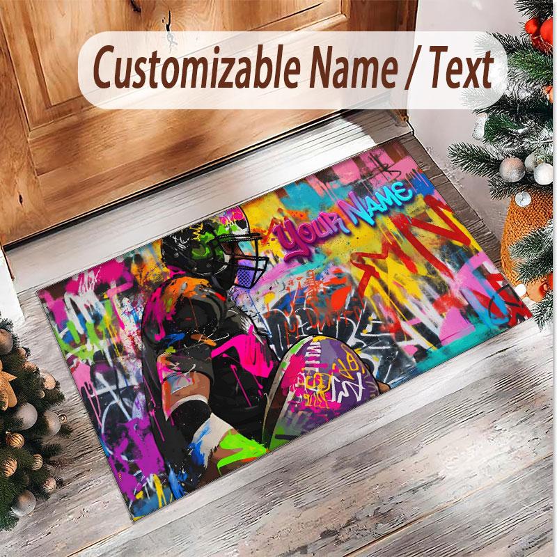 American Football Theme Soft Crystal Velvet Rug Custom Name & Text Print Non Slip Floor Rug for Bedroom Living Room