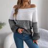 QICED Autumn and Winter Casual Color-blocked Off-the-shoulder Lantern Sleeve Pullover Sweater for Women