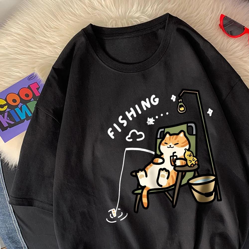 

Котенок ловит рыбу Женские футболки Мультяшные футболки с принтом Свободные футболки с круглым вырезом Мягкие топы с коротким рукавом Летняя женская одежда 4XL