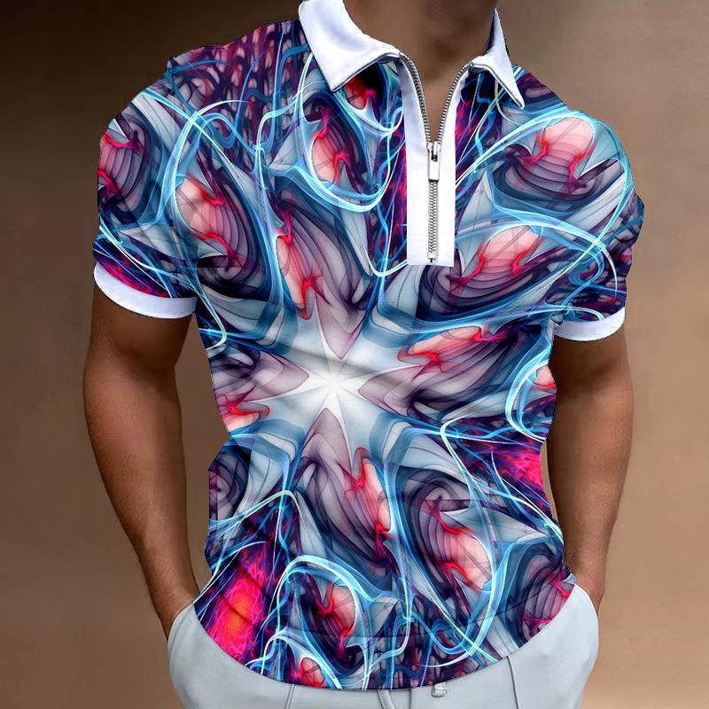 Trendy Abstract Graphic Zip Collar Short Sleeve Polo Shirt, Fashionable Casual Top
