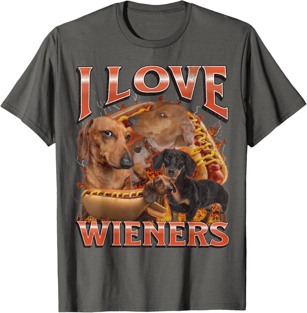 I Love Wieners Dachshund Dog Hot Dog Graphic Tee Funny Casual Cotton Short Sleeve T-Shirt Pets Owner Walking Outdoor