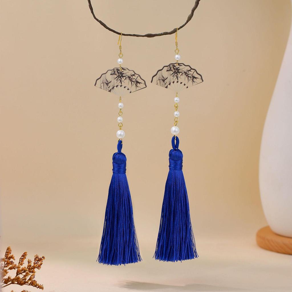 Silver Needle Chinese Ink Painting Fan Tassel Earrings for Hanfu Qipao, Handmade National Style Jewelry
