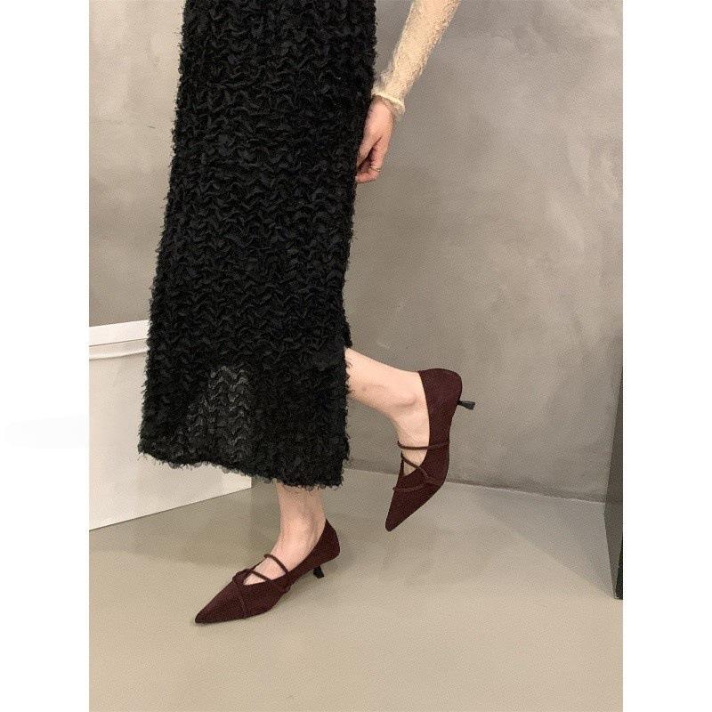 French kitten with suede red single shoes women's shoes spring temperament socialite black pointed high heels