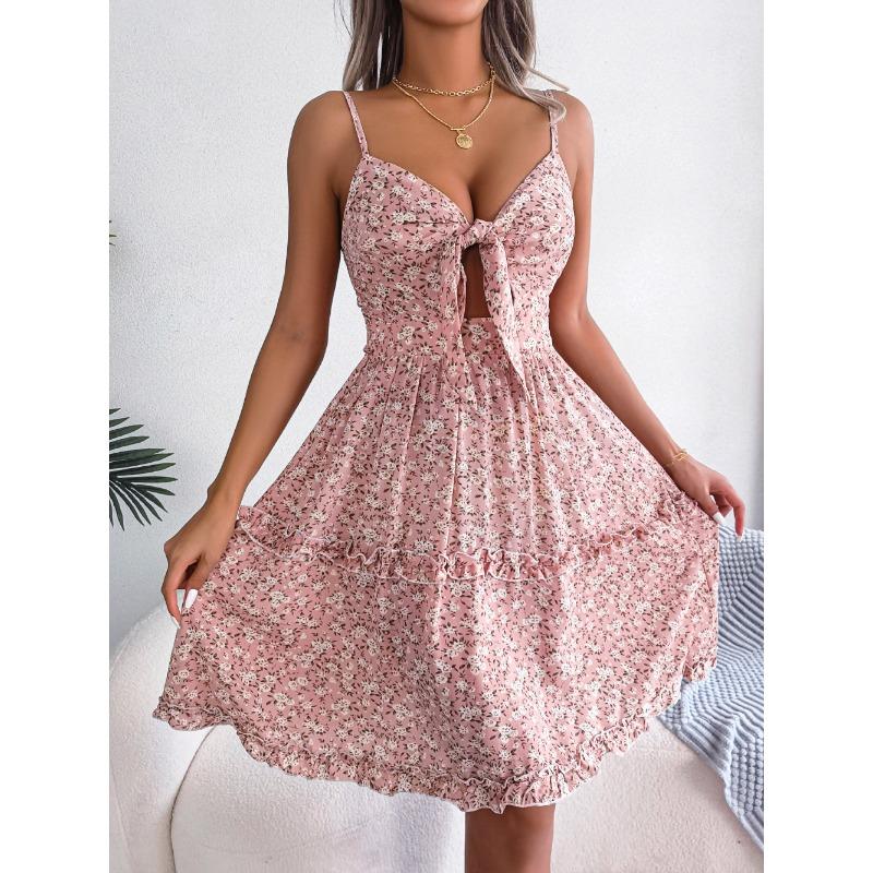 VEZFAA Women's Fashion Summer Spring Flower Pattern Print Sleeveless V-Neck High Waist Casual Dresses
