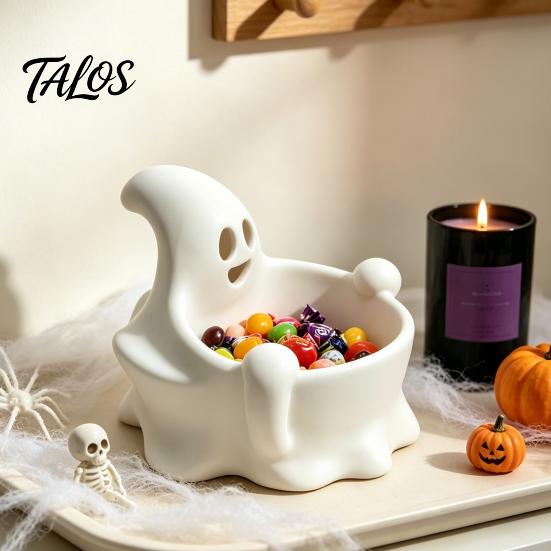 Cute Ghost Figurine Bowl Halloween Candy Bowl, 3D Printed Snack Storage Table Centerpiece Container, Tabletop Dish Serving Tray for Party Decor Spooky