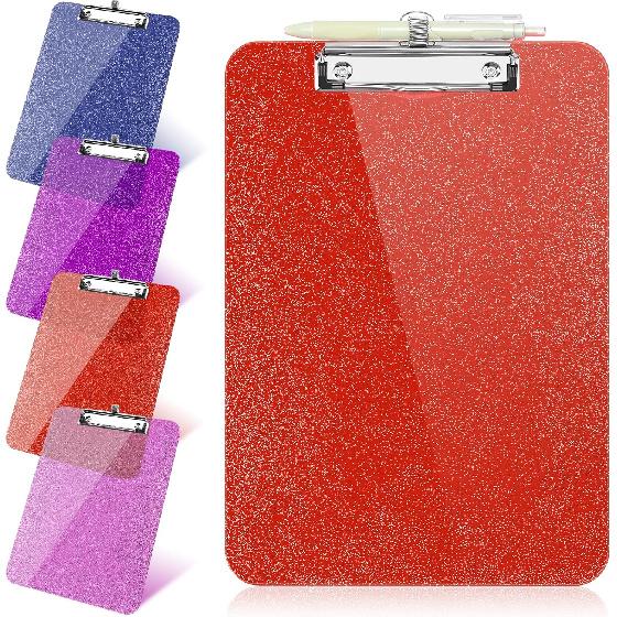 1 Pcs Clear Glitter Clipboards, Plastic Clipboard with Pen Holder, Size 8.85 x 12.4 in Shiny Clipboards with Low Profile Clip, Cute Hanging Clipboard